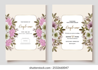 WEDDING INVITATION FRAME WITH FLOWER DECORATIONS AND FRESH LEAVES 