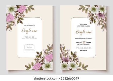 WEDDING INVITATION FRAME WITH FLOWER DECORATIONS AND FRESH LEAVES 