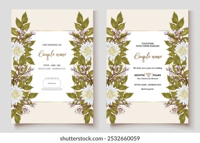 WEDDING INVITATION FRAME WITH FLOWER DECORATIONS AND FRESH LEAVES 