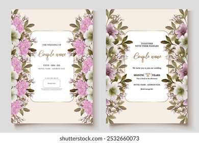 WEDDING INVITATION FRAME WITH FLOWER DECORATIONS AND FRESH LEAVES 