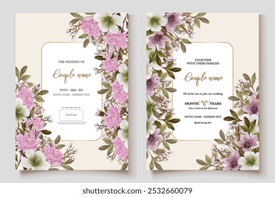 WEDDING INVITATION FRAME WITH FLOWER DECORATIONS AND FRESH LEAVES 