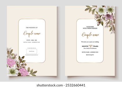 QUADRO DE CONVITE DE CASAMENTO COM DECORAÇÕES DE FLORES E FOLHAS FRESCAS 