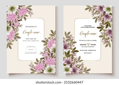 WEDDING INVITATION FRAME WITH FLOWER DECORATIONS AND FRESH LEAVES 