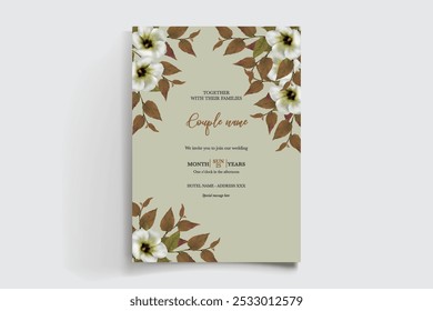 WEDDING INVITATION FRAME WITH FLOWER DECORATIONS AND FRESH LEAVES 