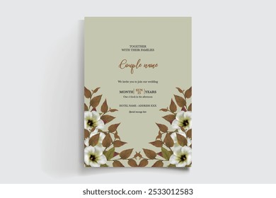 QUADRO DE CONVITE DE CASAMENTO COM DECORAÇÕES DE FLORES E FOLHAS FRESCAS 