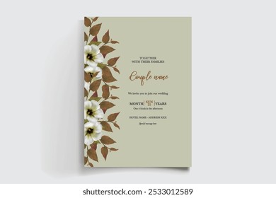 MARCO DE INVITACIÓN DE BODA CON DECORACIONES FLORALES Y HOJAS FRESCAS 