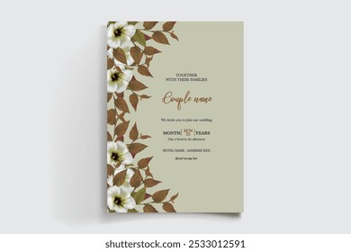 QUADRO DE CONVITE DE CASAMENTO COM DECORAÇÕES DE FLORES E FOLHAS FRESCAS 