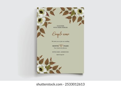 WEDDING INVITATION FRAME WITH FLOWER DECORATIONS AND FRESH LEAVES 