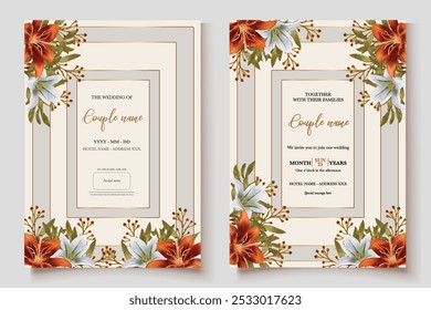 WEDDING INVITATION FRAME WITH FLOWER DECORATIONS AND FRESH LEAVES 