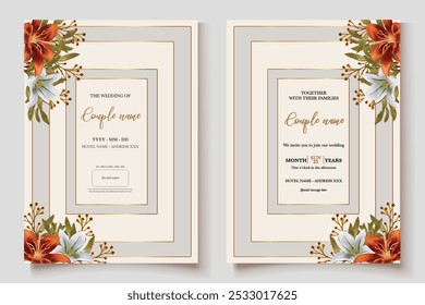 QUADRO DE CONVITE DE CASAMENTO COM DECORAÇÕES DE FLORES E FOLHAS FRESCAS 