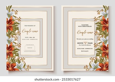 HOCHZEITSEINLADUNGSRAHMEN MIT BLUMENDEKORATIONEN UND FRISCHEN BLÄTTERN 