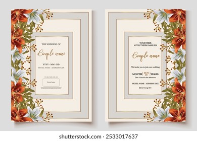 WEDDING INVITATION FRAME WITH FLOWER DECORATIONS AND FRESH LEAVES 