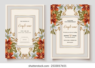 WEDDING INVITATION FRAME WITH FLOWER DECORATIONS AND FRESH LEAVES 