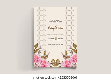 MARCO DE INVITACIÓN DE BODA CON DECORACIONES FLORALES Y HOJAS FRESCAS 