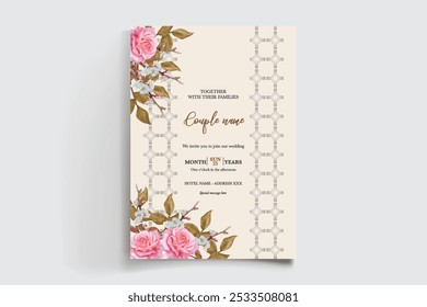 WEDDING INVITATION FRAME WITH FLOWER DECORATIONS AND FRESH LEAVES 