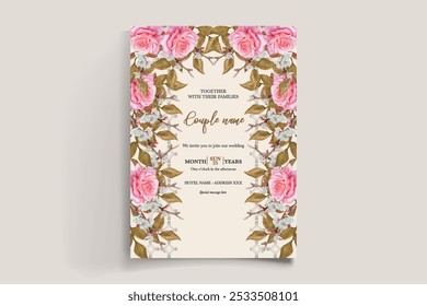 WEDDING INVITATION FRAME WITH FLOWER DECORATIONS AND FRESH LEAVES 