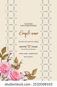 WEDDING INVITATION FRAME WITH FLOWER DECORATIONS AND FRESH LEAVES 