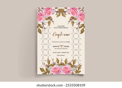 WEDDING INVITATION FRAME WITH FLOWER DECORATIONS AND FRESH LEAVES 
