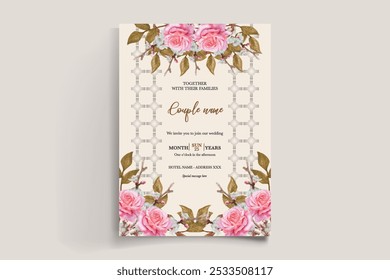 MARCO DE INVITACIÓN DE BODA CON DECORACIONES FLORALES Y HOJAS FRESCAS 