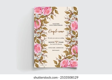 QUADRO DE CONVITE DE CASAMENTO COM DECORAÇÕES DE FLORES E FOLHAS FRESCAS 