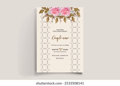 WEDDING INVITATION FRAME WITH FLOWER DECORATIONS AND FRESH LEAVES 