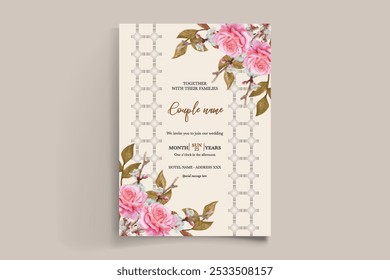 MARCO DE INVITACIÓN DE BODA CON DECORACIONES FLORALES Y HOJAS FRESCAS 