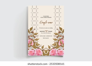 HOCHZEITSEINLADUNGSRAHMEN MIT BLUMENDEKORATIONEN UND FRISCHEN BLÄTTERN 