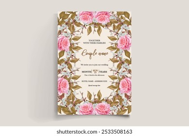 WEDDING INVITATION FRAME WITH FLOWER DECORATIONS AND FRESH LEAVES 