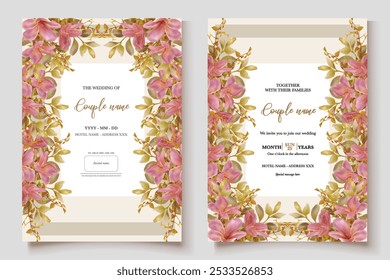 WEDDING INVITATION FRAME WITH FLOWER DECORATIONS AND FRESH LEAVES 