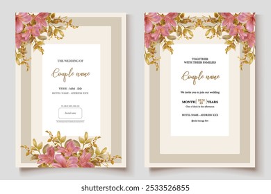 WEDDING INVITATION FRAME WITH FLOWER DECORATIONS AND FRESH LEAVES 