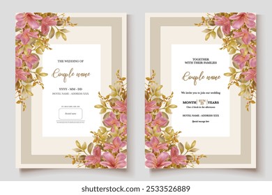 WEDDING INVITATION FRAME WITH FLOWER DECORATIONS AND FRESH LEAVES 