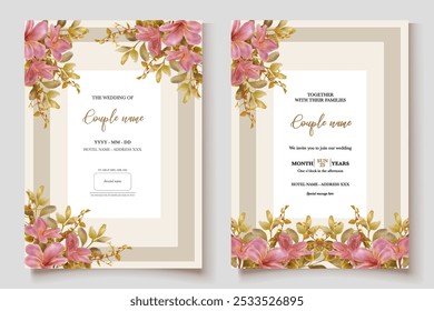 HOCHZEITSEINLADUNGSRAHMEN MIT BLUMENDEKORATIONEN UND FRISCHEN BLÄTTERN 
