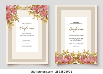 WEDDING INVITATION FRAME WITH FLOWER DECORATIONS AND FRESH LEAVES 