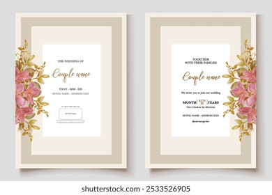 WEDDING INVITATION FRAME WITH FLOWER DECORATIONS AND FRESH LEAVES 