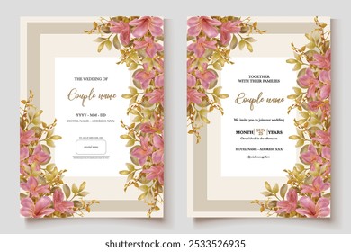 WEDDING INVITATION FRAME WITH FLOWER DECORATIONS AND FRESH LEAVES 