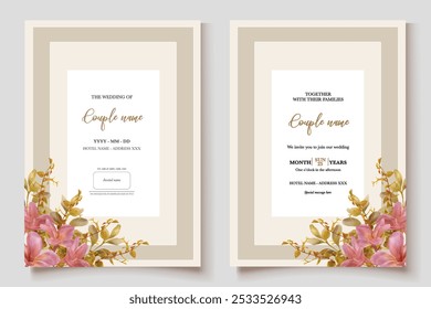 HOCHZEITSEINLADUNGSRAHMEN MIT BLUMENDEKORATIONEN UND FRISCHEN BLÄTTERN 