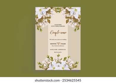 MARCO DE INVITACIÓN DE BODA CON DECORACIONES FLORALES Y HOJAS FRESCAS
