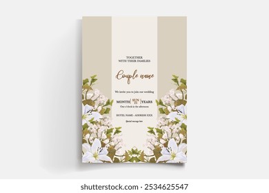 QUADRO DE CONVITE DE CASAMENTO COM DECORAÇÕES DE FLORES E FOLHAS FRESCAS