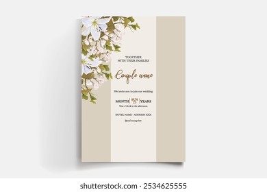 MARCO DE INVITACIÓN DE BODA CON DECORACIONES FLORALES Y HOJAS FRESCAS