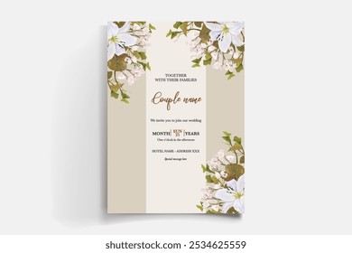 WEDDING INVITATION FRAME WITH FLOWER DECORATIONS AND FRESH LEAVES
