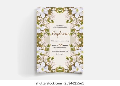 WEDDING INVITATION FRAME WITH FLOWER DECORATIONS AND FRESH LEAVES