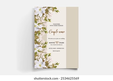 HOCHZEITSEINLADUNGSRAHMEN MIT BLUMENDEKORATIONEN UND FRISCHEN BLÄTTERN