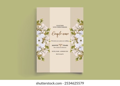 WEDDING INVITATION FRAME WITH FLOWER DECORATIONS AND FRESH LEAVES