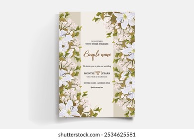 QUADRO DE CONVITE DE CASAMENTO COM DECORAÇÕES DE FLORES E FOLHAS FRESCAS