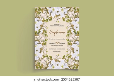 WEDDING INVITATION FRAME WITH FLOWER DECORATIONS AND FRESH LEAVES