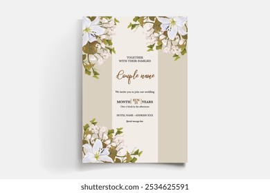 WEDDING INVITATION FRAME WITH FLOWER DECORATIONS AND FRESH LEAVES