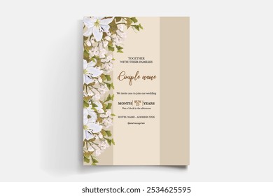 WEDDING INVITATION FRAME WITH FLOWER DECORATIONS AND FRESH LEAVES