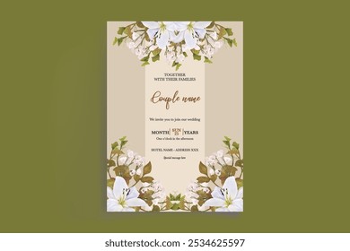 QUADRO DE CONVITE DE CASAMENTO COM DECORAÇÕES DE FLORES E FOLHAS FRESCAS