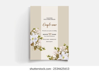 HOCHZEITSEINLADUNGSRAHMEN MIT BLUMENDEKORATIONEN UND FRISCHEN BLÄTTERN