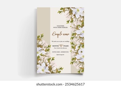 WEDDING INVITATION FRAME WITH FLOWER DECORATIONS AND FRESH LEAVES